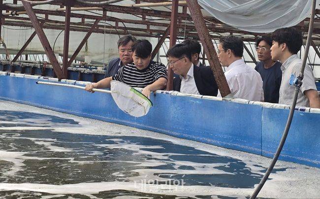국립수산과학원 관계자들이 12일 인천 강화군 친환경 새우양식장을 방문해 시설을 둘러보고 있다. ⓒ국립수산과학원