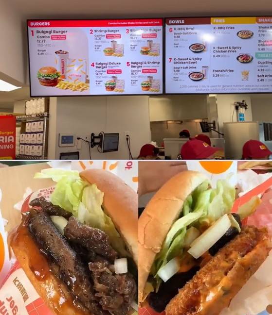 롯데리아가 미국 캘리포니아주 로스앤젤레스 풀러턴의 1호점에서 불고기 디럭스 버거(아래 왼쪽)와 불새버거를 판매하고 있다. [사진=유튜브 @미쿡아재John, 틱톡 갈무리]