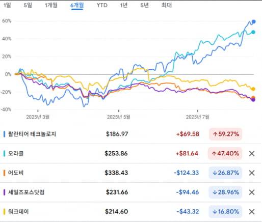 최근 6개월 주가 상승률이 엇갈린 팔란티어·오라클과 어도비·세일즈포스·워크데이. 자료=구글파이낸스