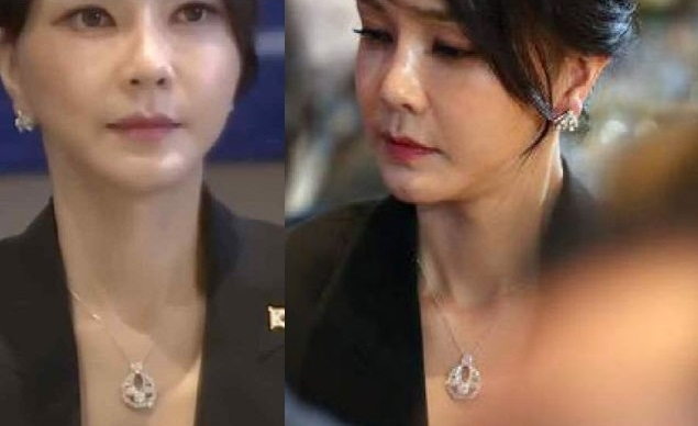 김건희 여사가 지난 2022년 6월 나토 정상회의 참석 당시 반클리프 앤 아펠 목걸이를 착용한 모습. [사진 = 김의겸 전 더불어민주당 의원 SNS]