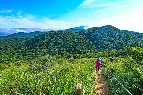 민오름에서 본 한라산. 바로 앞은 절물오름(오른쪽)과 족은대나다.