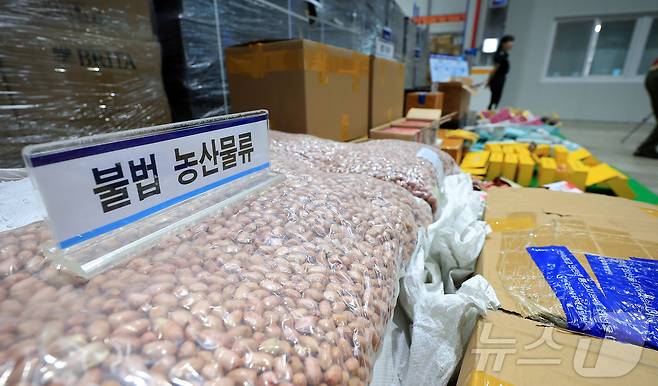 14일 오전 인천 연수구 인천세관 통합검사센터 압수창고에서 5대 민생범죄 단속 물품들이 놓여져 있다. 2025.8.14/뉴스1 ⓒ News1 김진환 기자