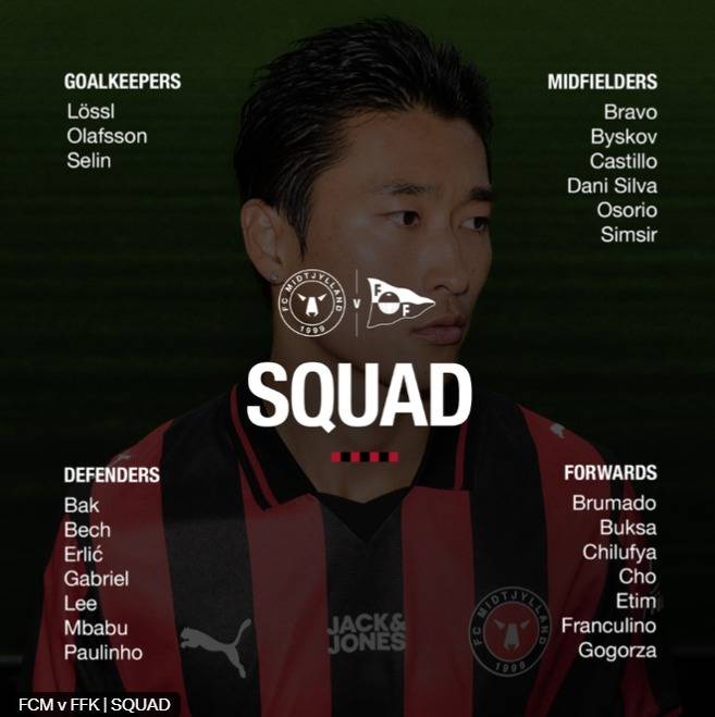 미트윌란(덴마크) 공격수 조규성이 15일(한국시간) 열리는 프레드릭스타드(노르웨이)와 2025-26 유럽축구연맹(UEFA) 유로파리그(UEL) 3차 예선 홈 2차전 스쿼드에 포함됐다. (미트윌란 SNS 캡처)