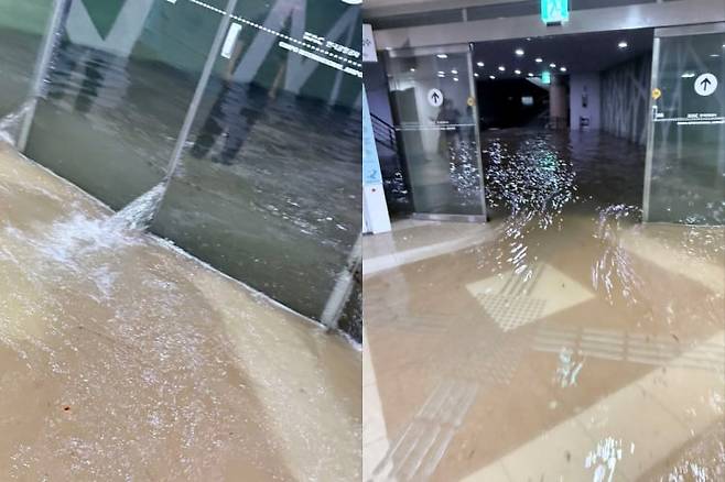 13일 서울 강서구 김포공항 게이트로 물이 쏟아져 들어오고 있다. /X(옛 트위터) @King_James_Kim