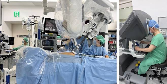 서울대병원 의료진들이 ‘다빈치 SP’를 이용해 단일공 로봇 신장이식 수술을 하고 있다(왼쪽 사진). 하종원 서울대병원 이식혈관외과 교수가 콘솔에서 이식 수술을 집도하고 있다(오른쪽 사진). 서울대병원 제공.