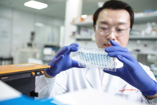 경기 성남시 분당구 SK바이오팜의 연구실에서 한 연구원이 실험이 진행 중인 플레이트를 살펴보고 있다. SK바이오팜 제공