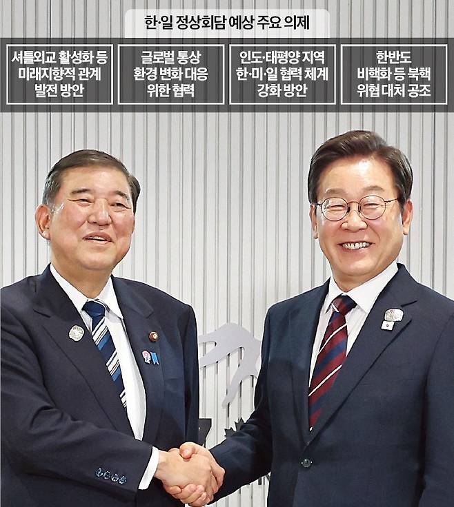 이재명 대통령과 이시바 시게루 일본 총리(왼쪽)가 지난 6월 17일 캐나다 주요 7개국(G7) 정상회의에서 열린 한·일 정상회담에서 악수하고 있다.  /한경DB