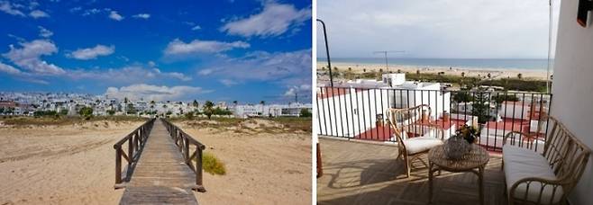 안달루시아 해안 여행지 코닐 데 라 프론테라(왼쪽) / 사진=Unsplash, 발코니에서 보는 풍경이 멋진 에어비앤비(오른쪽) / 사진=에어비앤비
