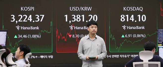 국내 증시가 14일 오전 하락세다. 사진은 전날 오후 서울 중구 하나은행 딜링룸 전광판에 코스피 지수가 표시된 모습. /사진=뉴스1