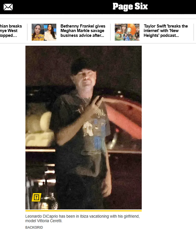 스페인 이비자에서 포착된 레오나르도 디카프리오. 페이지 식스 사이트 캡처
