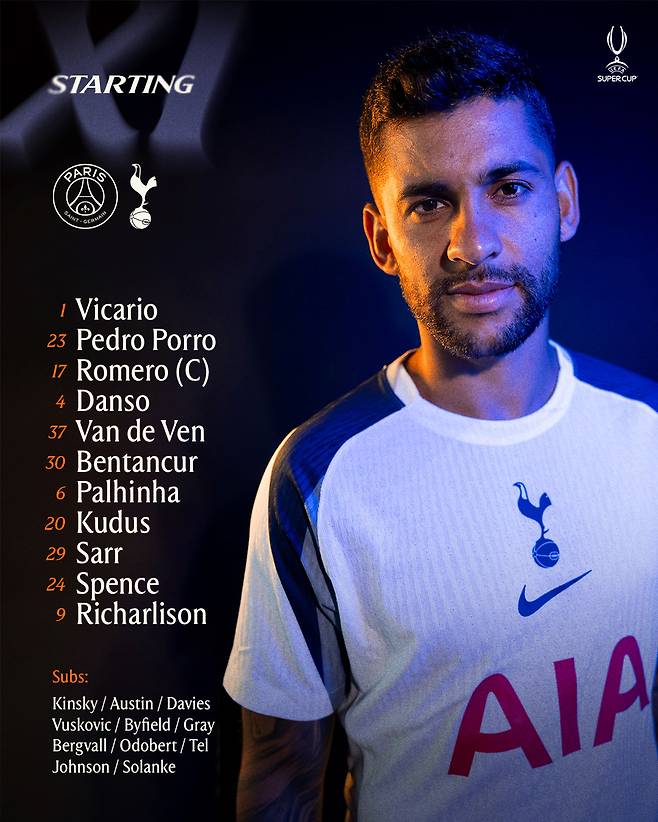 토트넘 홋스퍼의 14일 오전 4시(한국시간) 이탈리아 블루에너지 스타디움에서 열린 2025 유럽축구연맹(UEFA) 슈퍼컵 결승 라인업. /사진=토트넘 홋스퍼 공식 사회관게망서비스(SNS)