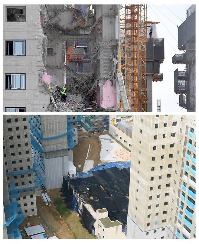 HDC현산 광주 화정동 아이파크 붕괴 사고 현장(위). GS건설 인천 검단 아파트의 철거 작업 현장(아래). [사진 | 뉴시스]