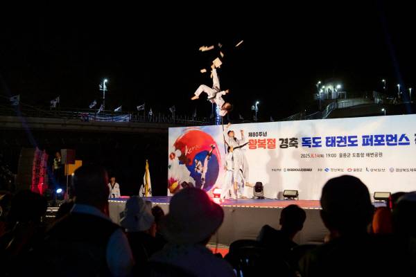 광복절 경축 독도 태권도 퍼포먼스가 14일 울릉도 도동항 해변공원에서 열렸다. 독도사랑스포츠공연단의 고난도 격파 모습. 울릉군