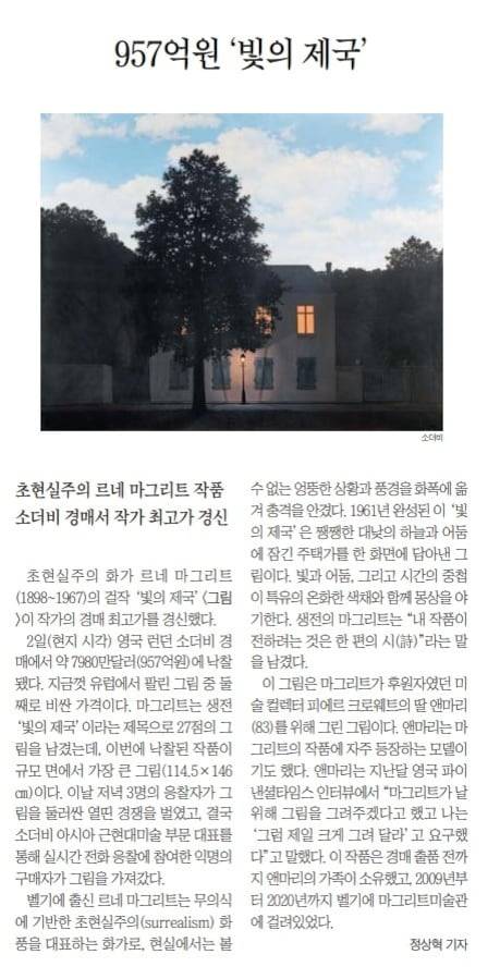 르네 마그리트 작품 '빛의 제국'이 957억원에 낙찰됐다. 2022년 3월 4일자.