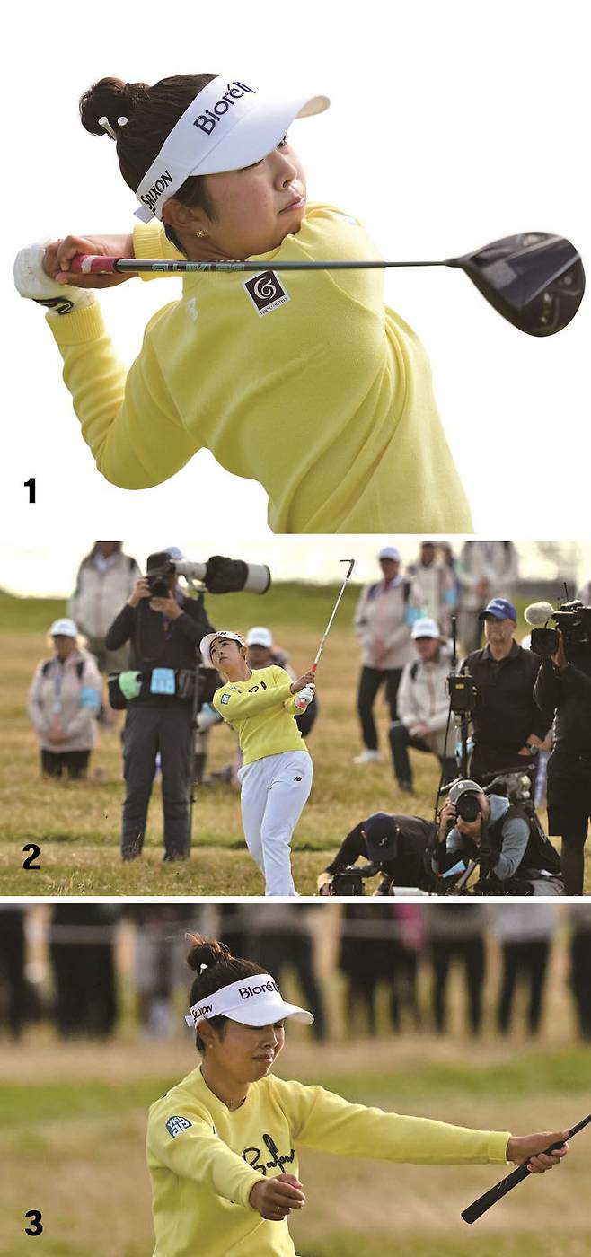 <1> 야마시타 미유가 8월 3일 웨일스의 로열 포스콜 골프클럽에서 열린 AIG 여자 오픈 최종 라운드 2번 티에서 샷을 하고 있다. /사진 AP연합<2> 야마시타 미유가 AIG 여자 오픈 최종 라운드 18번 페어웨이에서 샷을 하고 있다. /사진 AFP연합 <3> 야마시타 미유가 AIG 여자 오픈 최종 라운드에서 우승을 확정한 후 환호하고 있다. /사진 AFP연합
