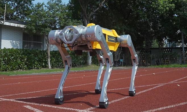 중국 저장대 연구진이 개발한 로봇개 ‘화이트 라이노’(White Rhino)가 100m를 16.33초에 달려 ‘4족 보행 로봇 100m 달리기’ 부문에서 가장 빠른 기록을 세웠다. 기네스월드 제공