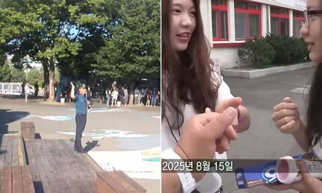 15일 옛 안동역 광장이 폭발물 신고로 한때 통제되고 있는 모습. 오른쪽은 2025년 8월 15일 경북 안동역 앞에서 10년 뒤 만나기로 한 약속 장면이 담긴&nbsp;KBS&nbsp;'다큐멘터리 3일' 안동역편 장면. KBS 유튜브 화면 캡처