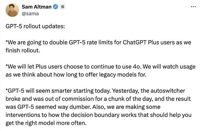 GPT-5의 오류 원인이 '자동전환장치' 고장이었다고 밝히는 샘 올트먼 오픈AI 최고경영자(CEO). [샘 올트먼 엑스(X) 게시물 캡처. 재판매 및 DB 금지]