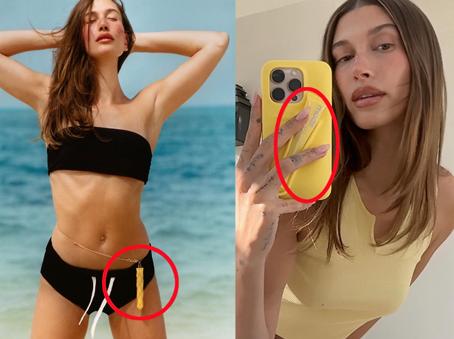 팝가수 저스틴 비버의 아내이자 모델인 헤일리 비버. 스킨케어 브랜드 '로드' 립밤을 허리띠와 휴대폰 케이스에 소지한 모습. SNS 홍보 이미지. 헤일리 비버 SNS.