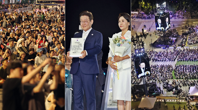 이재명 대통령이 제80주년 광복절을 맞은 15일 저녁 서울 광화문광장에서 열린 제21대 대통령 국민임명식 ‘광복 80년, 국민주권으로 미래를 세우다’ 행사에서 국민 대표로부터 ‘빛의 임명장’을 받은 뒤 감사 인사를 하고 있다.<연합뉴스 사진 갈무리>