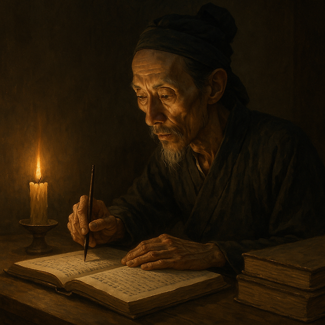 이시진은 40세에 새로운 본초서 집필을 시작했는데, 중국 전역을 돌면서 약초를 직접 찾아보고 효능을 확인했으며 새로운 약초를 찾아냈다. 그는 결국 집필을 시작한 지 30여년 만에 <본초강목>을 완성했다. 챗GPT에 의한 AI생성 이미지.