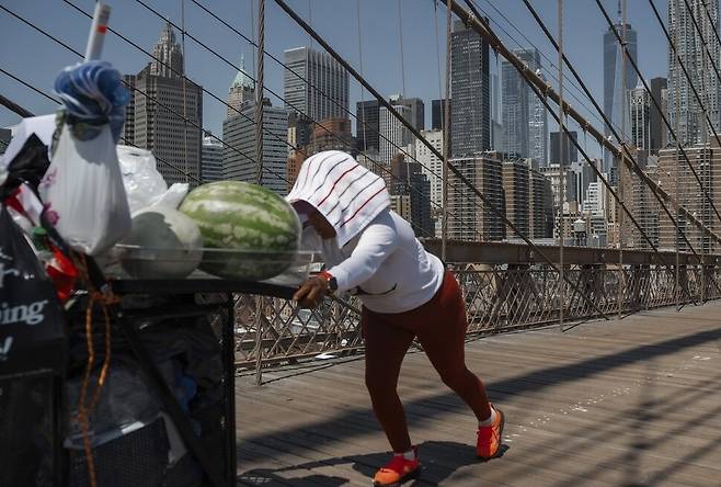 올해 여름, 한 과일 판매상이 상품 판매대를 끌며 미국 뉴욕의 브루클린 대교를 건너가고 있다. AP연합