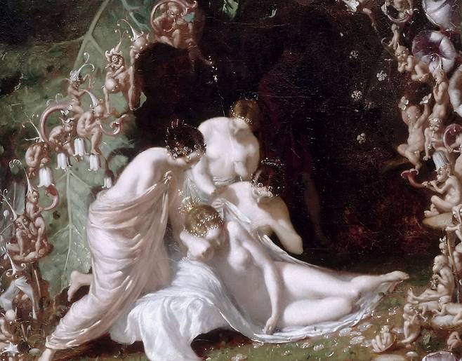 작품 확대. 왕관 등의 반짝이는 표현, 작고 세밀하게 그린 요정 표현 등이 인상적이다.