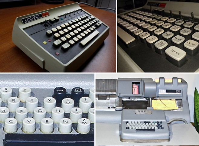 (위) 1960년대 유니박(UNIVAC) 1710 시스템의 운영자 인터페이스로 쓰인 키보드. 유학파 클래식 연주자 같은 이름이지만 1951년 출시된 유니박 I은, 에니악(ENIAC)을 만든 존 모클리와 존 프레스퍼 에커트가 만든 미국 최초의 상업용 컴퓨터다. 큰 성공을 거두며 컴퓨터 시장을 연 선구자로 평가받는다. 홈 포지션에 있는 키들만 더 움푹 파인 것을 확인할 수 있다. EMCC사에서 만든 두 컴퓨터 유니박 I과 바이낙(BINAC)의 선후 관계를 따지면 바이낙(1949년)이 선배다. 하지만 자금을 댄 노스롭 항공사 테스트 과정에서 제대로 작동하지 않아 상용화되지 못했다. 오일석, (2011), ‘컴퓨터 스토리’ (경문사) 58, 145 페이지 인용.
(아래) 1949년 출시한 IBM 024 키펀치 키보드. 타자를 치면 뒤에 보이는 기계가 천공카드에 구멍을 뚫는 구조다. D·F 키와 G·H 키를 비교하면 키 윗부분의 곡률이 미세하게 다른 것을 확인할 수 있다. 나만 보여? 나만 예민해? [사진 출처=Glenn’s Computer Museum, Chyrosran22 유튜브 채널, Jacob Alexander flickr]