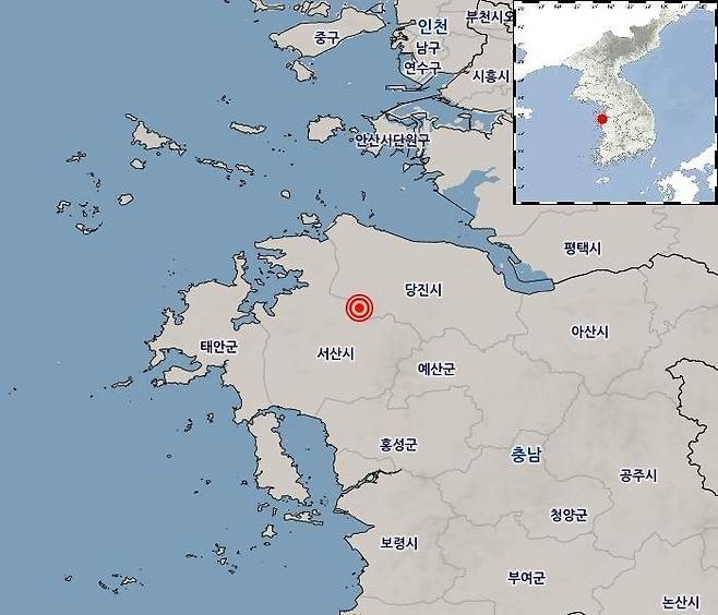 16일 오전 9시 33분쯤 충남 당진서 발생한 지진의 진앙을 표시한 지도. /사진제공=기상청