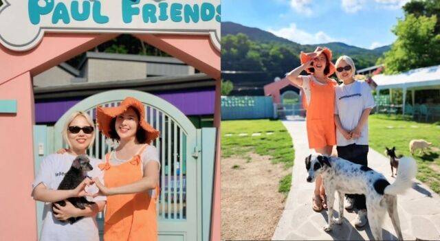 미스코리아 출신 이지안(주황색 의상)과 가수 알리가 이지안이 운영하는 반려견 복합공간 폴 프렌즈에서 즐거운 시간을 보냈다. / 이지안 소셜미디어