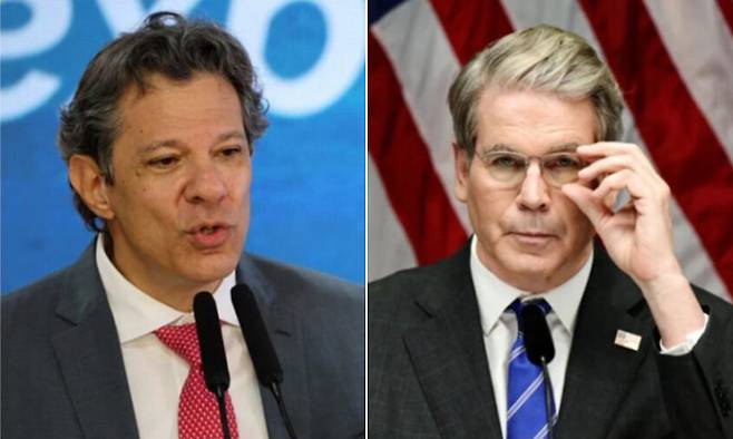 페르난두&nbsp;하다드&nbsp;브라질&nbsp;재무부 장관(왼쪽)과&nbsp;스콧 베선트 미국 재무부 장관. 두 사람은 관세·무역 등 협상을 위해 13일 만날 예정이었으나 갑자기 취소됐다. 자이르 보우소나루 전 브라질 대통령의 형사재판을 둘러싼 양국 간 갈등 때문인 것으로 풀이된다. SNS 캡처