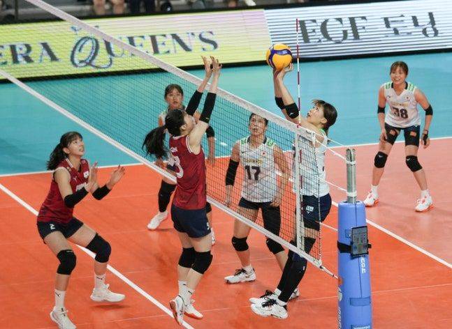 16일 경남 진주체육관에서 열린 2025 코리아인비테이셔널 진주 국제여자배구대회 5차전 한국과 일본의 경기 모습. /사진=대한배구협회 제공