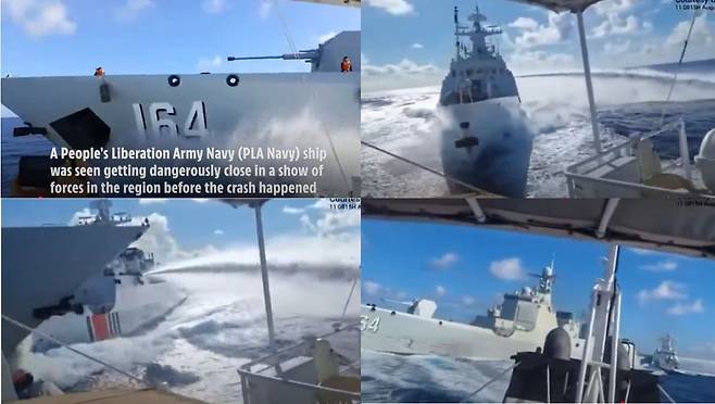 지난 8월11일 남중국해 스카버러 암초 인근 해역에서 필리핀 경비함을 추격 중인 중국 해군 구축함 구이린호(왼쪽 위)와 해경 경비함 난위호(오른쪽 위). 필리핀 경비함이 협공을 피해 빠져나가자 두 함정은 피하지 못하고 충돌했다(왼쪽 아래). 충돌 직후 뱃머리를 돌리는 중국 구축함 뱃머리 왼쪽에 긁힌 자국이 보인다(오른쪽 아래). /필리핀 연안경비대