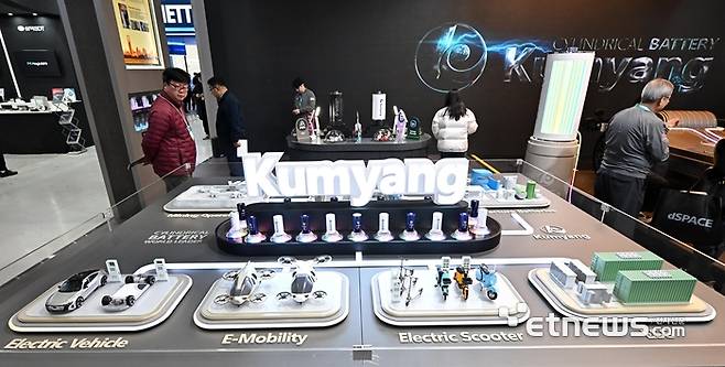 지난 3월에 열린 배터리 전시회 '인터배터리 2025'에서 참관객이 금양의 배터리 사업군을 살펴보고 있다.  이동근기자 foto@etnews.com