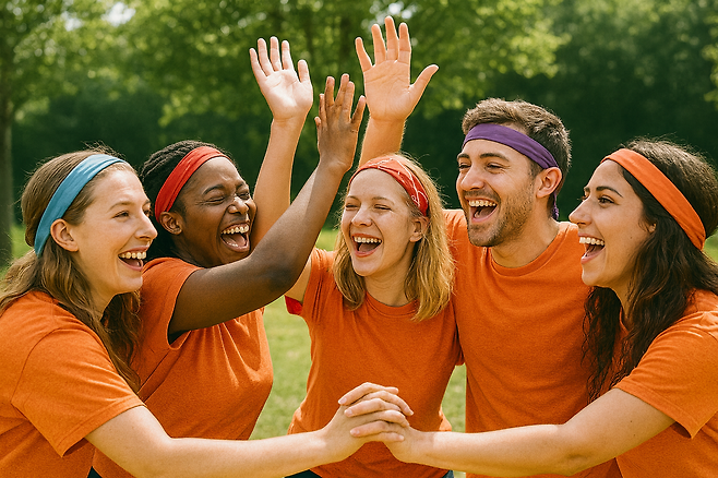 성인들이 신나게 야외 활동을 하는 모습. [챗GPT로 생성한 사진]