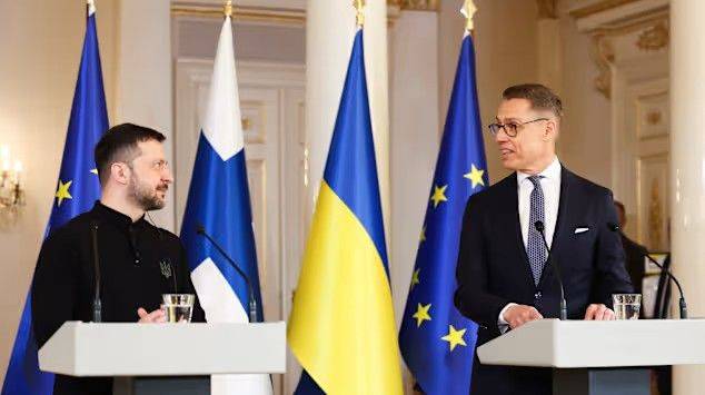 [서울=뉴시스]볼로디미르  젤렌스키 우크라이나 대통령(왼쪽)과 알렉산데르 스투브 핀란드 대통령이 지난 3월19일(현지 시간) 헬싱키에서 공동 기자회견을 하는 모습. <사진출처 : 핀란드 YLE> 2025.08.17.