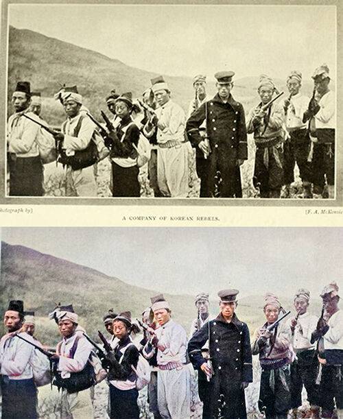 프레더릭 아서 매켄지가 촬영한 무명 의병 13인 위는 매켄지의 책에 실린 실제 사진, 아래는 색감을 입히는 작업을 진행한 결과물이다.