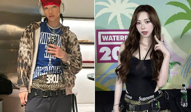 그룹 올데이프로젝트의 타잔, 에스파 카리나가 새깅 패션으로 연출한 모습. 새깅은 1990년대 미국 힙합 문화에서 시작된 패션으로 2000년대 초반 저스틴 비버가 즐겨 입으며 대중적 인지도를 높였다. 인스타그램 갈무리