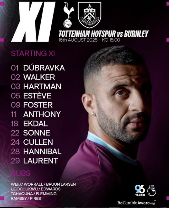 번리 개막전 선발 라인업. 번리 공식 SNS