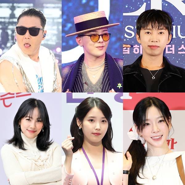 (왼쪽 위부터 시계방향) 싸이 지드래곤 임영웅 태연 아이유 이효리 /사진=스타뉴스