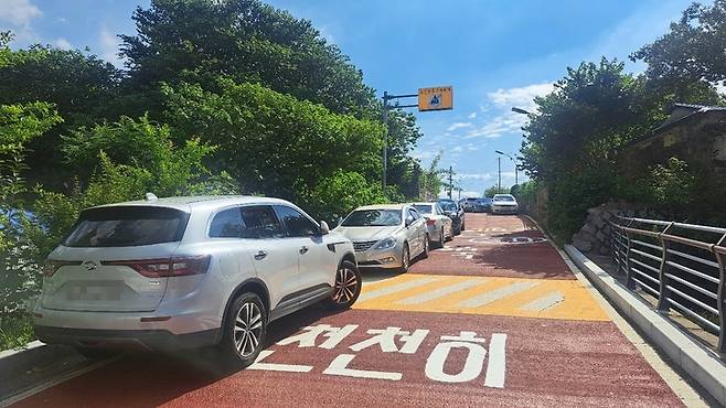 울산 남구 장생포동의 한 노인보호구역 양쪽 가장자리에 차량이 주차돼 있어 통행에 어려움을 주고 있다.