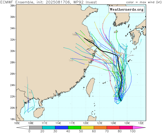 유럽중기예보센터(ECMWF) 앙상블(Ensemble) 모델 감시 92W 열대요란(12호 태풍 링링 발달 가능성) 예상경로