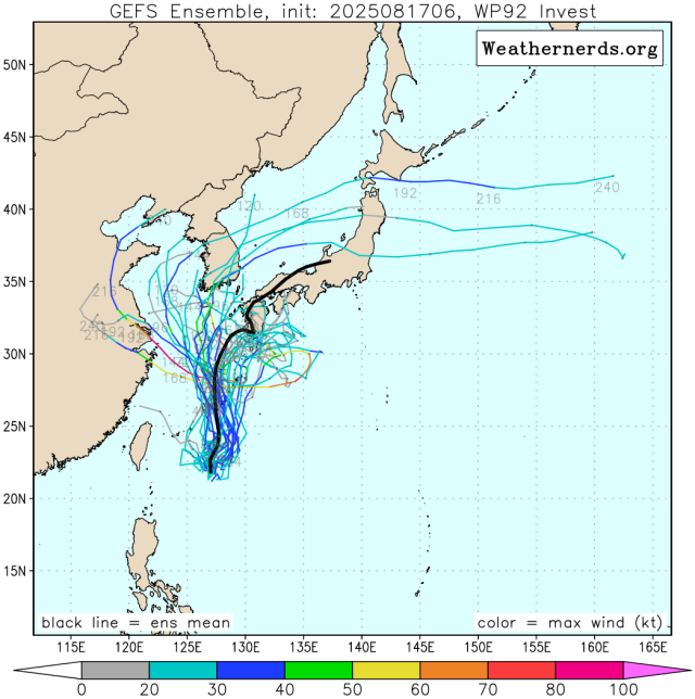 다중앙상블(GEFS) 모델 감시 92W 열대요란(12호 태풍 링링 발달 가능성) 예상경로