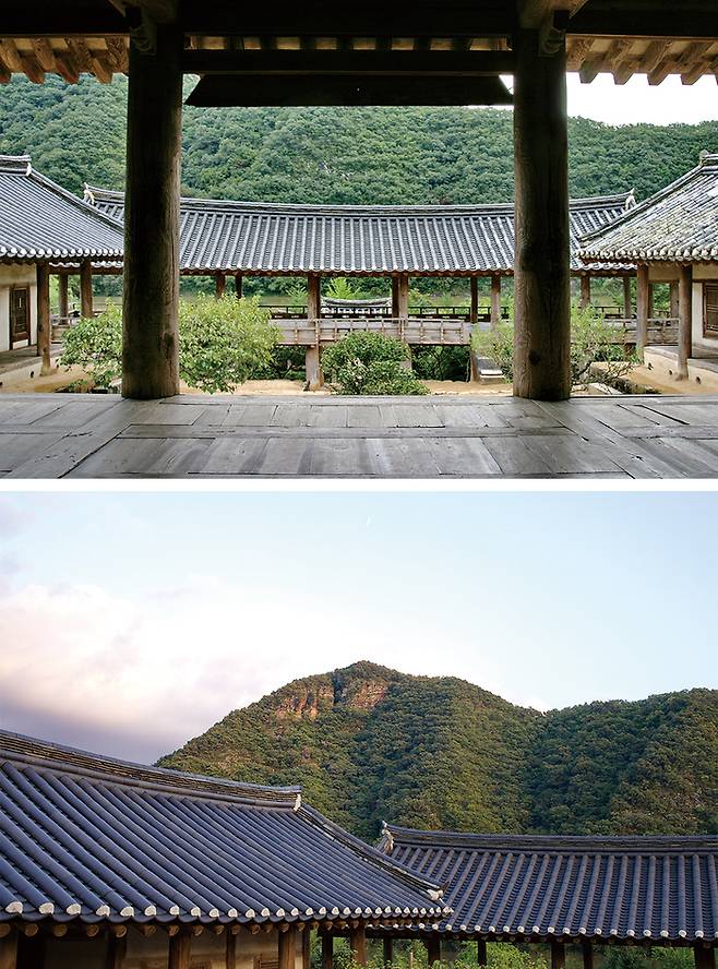 (위)  입교당에서 바라본 만대루 (아래)  만대루 지붕과 너머로 보이는 화산(花山)