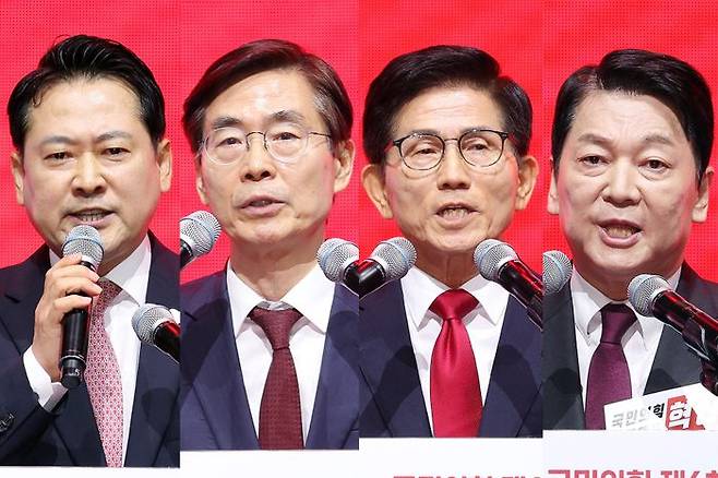 국민의힘 장동혁·조경태·김문수·안철수 당대표 후보(왼쪽부터)가 지난 8일 오후 대구 북구 엑스코 컨벤션홀에서 열린 8·22 전당대회 대구·경북 합동연설회에서 각각 연설을 하며 지지를 호소하고 있다. ⓒ데일리안 홍금표 기자