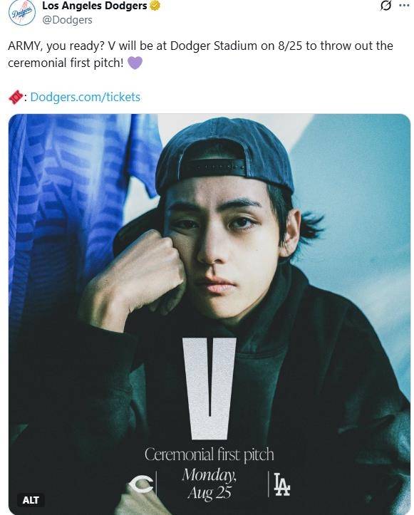 &nbsp;뷔의 시구 소식을 알린 LA 다저스 SNS 게시물. 사진=엑스