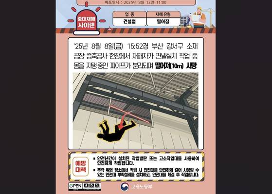 건설 현장 추락 사고 이미지. 자료 고용노동부