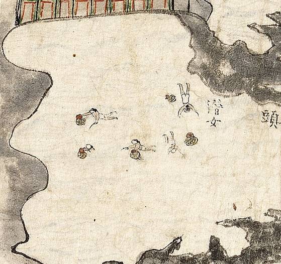 1702년 제주목사 이형상이 펴낸 기록화첩 『탐라순력도(耽羅巡歷圖)』에 실린 그림 ‘병담범주(屛潭泛舟)’속의 잠녀(해녀). [중앙포토]