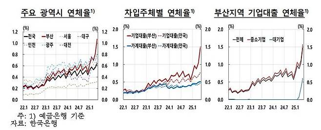 [부산=뉴시스] 부산지역 연체율(예금은행 기준)은 23년부터 전국보다 다소 높은 수준을 나타내다가, 올해 2월 이후 빠르게 상승하며 전국과의 격차가 더욱 확대됐다. (그림=한국은행 부산본부 제공) 2025.08.18. photo@newsis.com *재판매 및 DB 금지