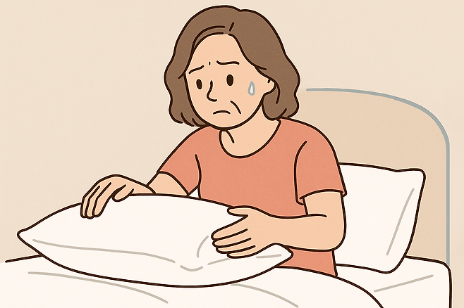 침대에 앉아있는 여성